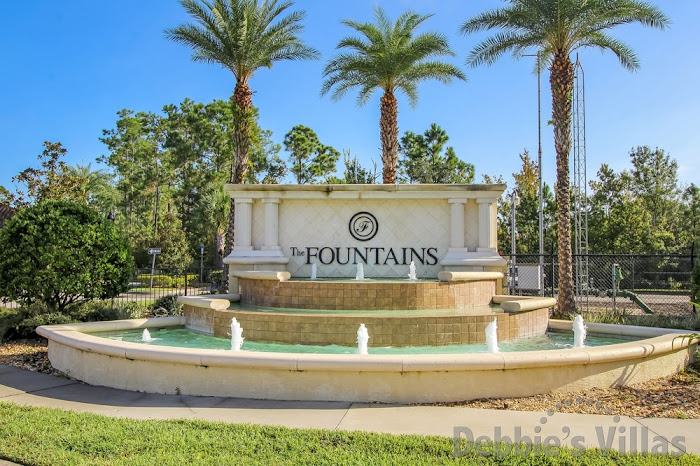 Entrance to The Fountains, a gated community close to Disney, within walking distance of restaurants