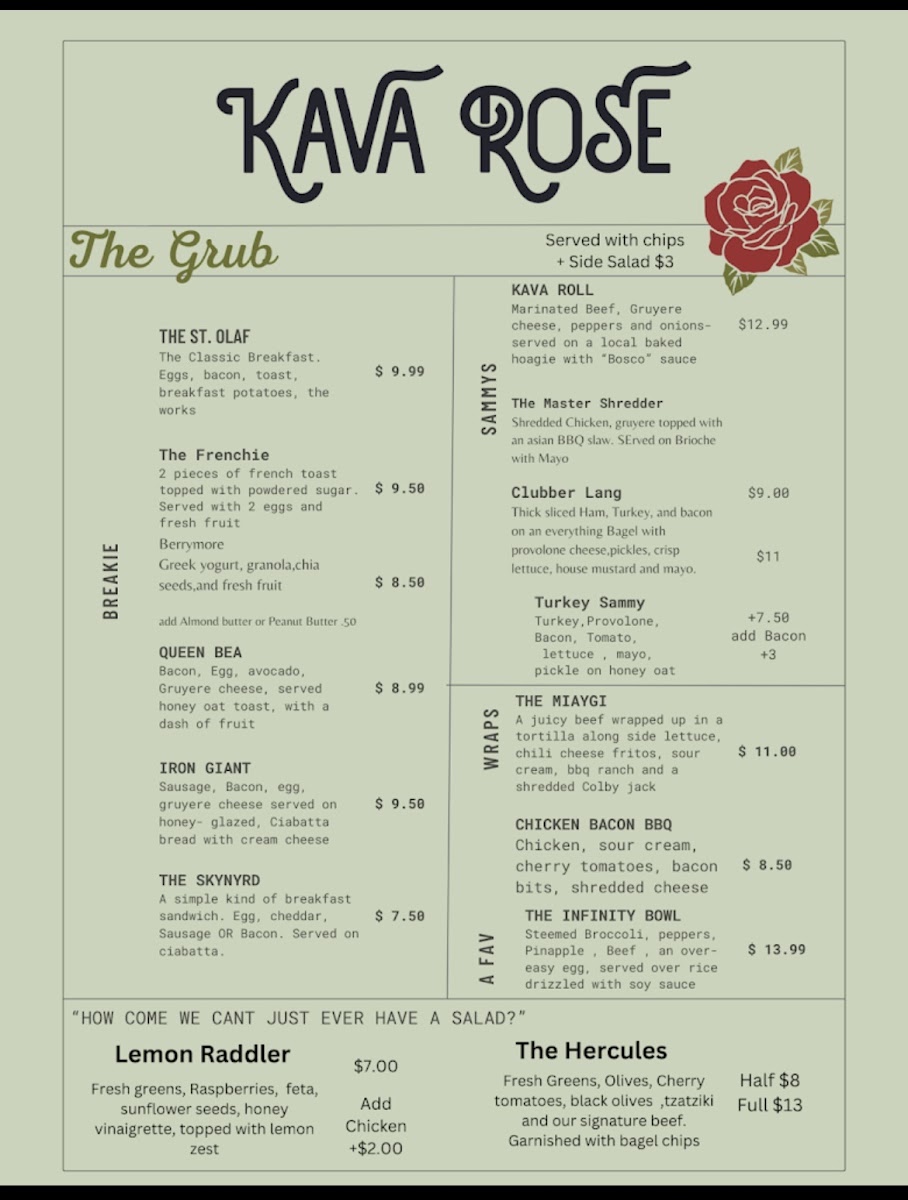 Kava Rose Brewhouse gluten-free menu