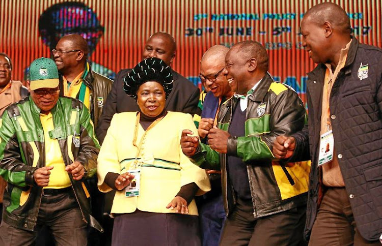 President Jacob Zuma, Nkosazana Dlamini-Zuma, Cyril Ramaphosa and Zweli Mkize at the end of the ANC National Policy Conference in July.