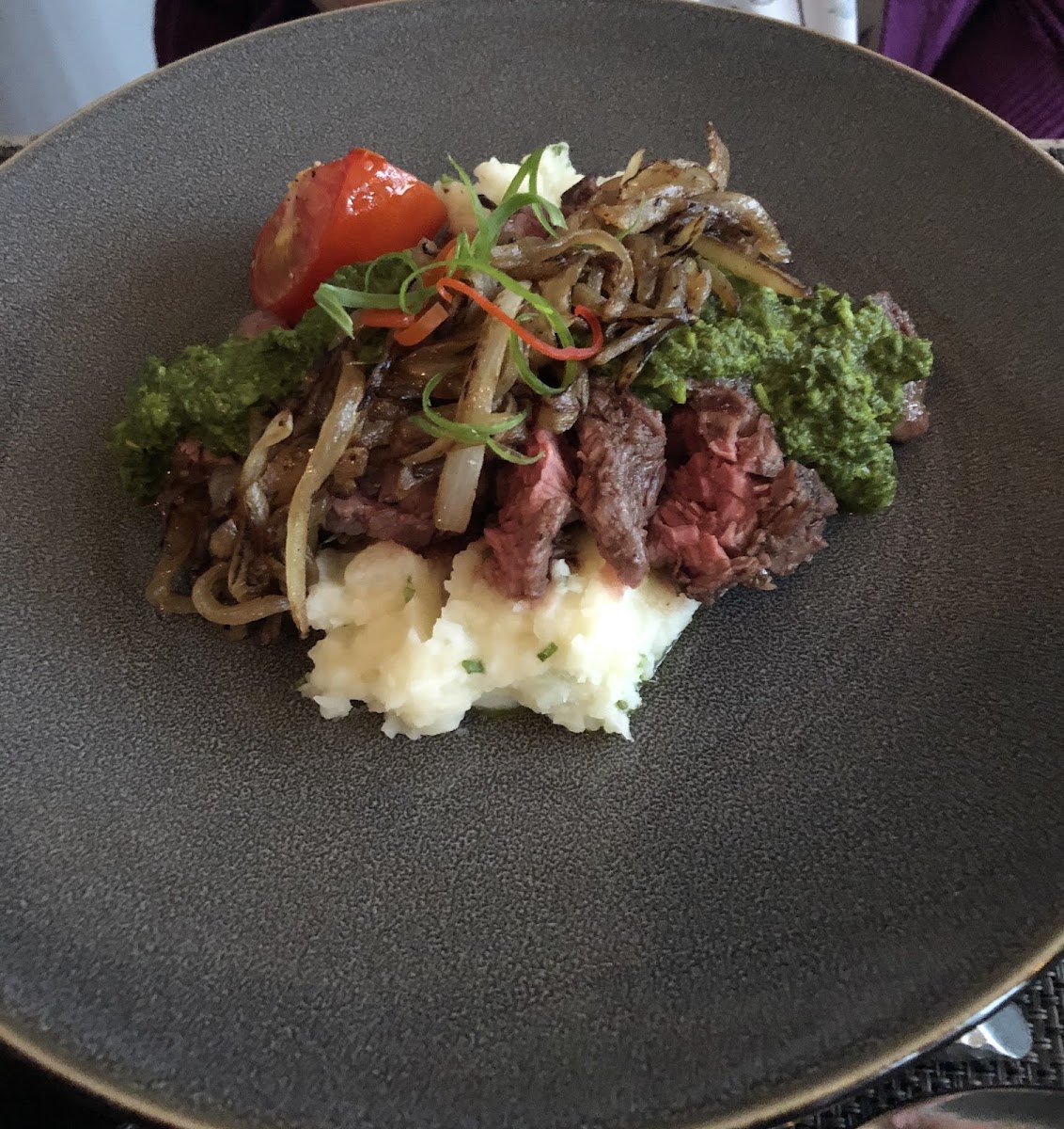 Hanger Steak with Chimchuri Sauce and carmalized onions (instead of crispy onions) with mashed potatoes