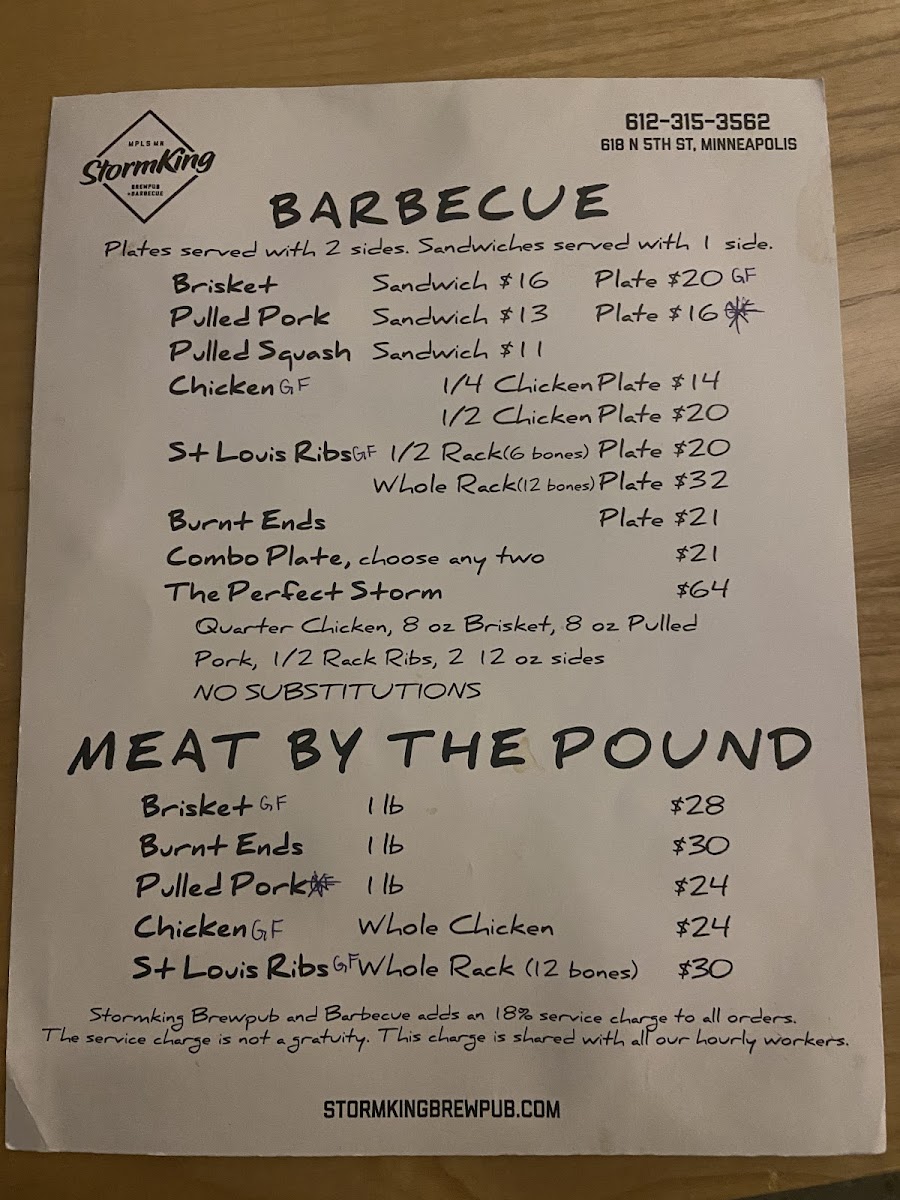 StormKing Brewpub + Barbecue gluten-free menu