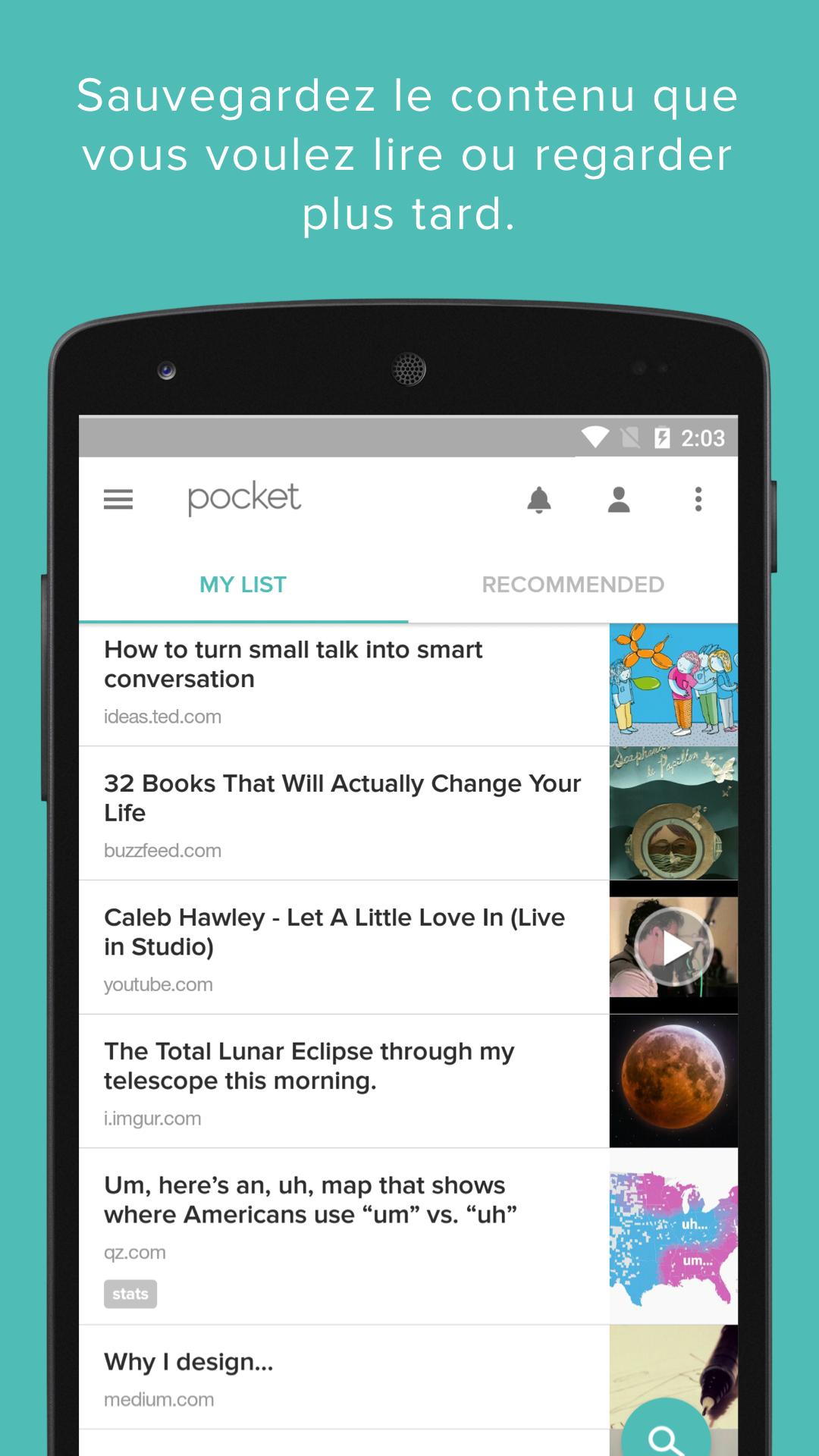 Android application Pocket: Save. Read. Grow. screenshort