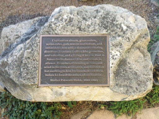 This plaque accompanies a statue of three men reading and talking just outside the entrance to Barton Springs Pool in Austin, Texas. It reads: Civilization shouts, gives orders, writes rules, puts...