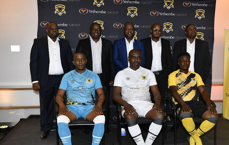 Black Leopards management and former players Mulondo Sikhwivhilu,Christopher Netshidzivhe and Wanani Mulaudzi wearing new kits 20/21 season during the Black Leopards media launch at Hyde Park on October 21, 2020 in Johannesburg, South Africa.