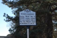 During World War II, 20,000 women trained for non-combat roles in the U.S. Marine Corps at facilities 4 1/2 mi. S.Plaque via North Carolina Highway Historical Marker Program, and is used with...