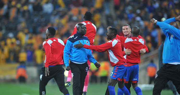 SuperSport United coach Kaitano Tembo celebrates with his bench during the MTN8 semi final 2nd leg match against Kaizer Chiefs on September 1 2018 at FNB Stadium. SuperSport won 1-0.