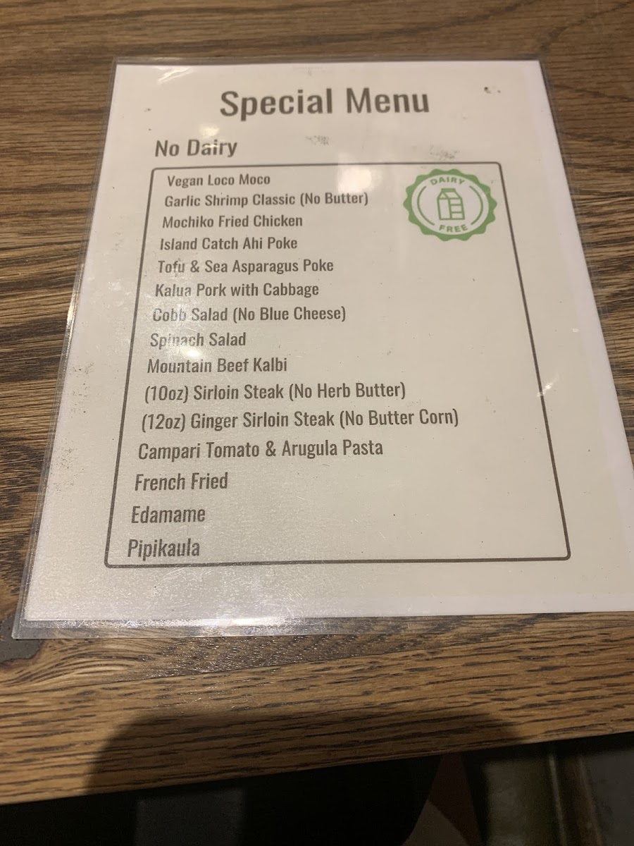 Dairy free menu as of 10/3/23