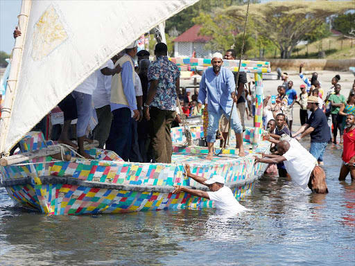 The dhow sailing boat made entirely from plastic trash collected from Kenya’s beaches. /Reuters