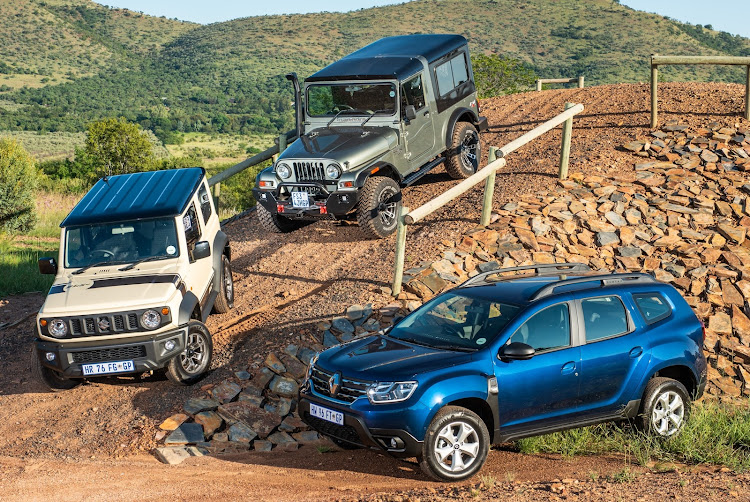 Clockwise from left: the Suzuki Jimny, Mahindra Thar and Renault Duster all have price tags under R350k.