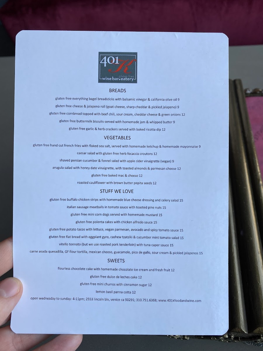 401k food and wine gluten-free menu
