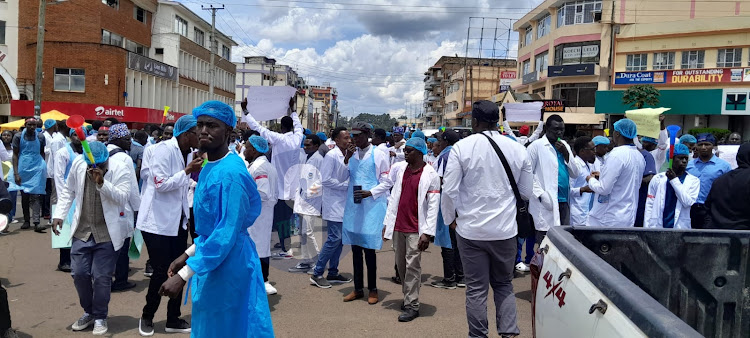 KMPDU branch officials leading the doctors strike in Eldoret on April 15, 2024