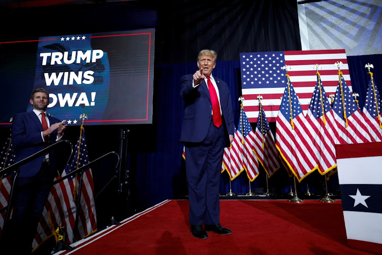 Republican presidential candidate and former US president Donald Trump gestures during his Iowa caucus night watch party in Des Moines, Iowa, US on January 15 2024. Picture: EVELYN HOCKSTEIN/REUTERS