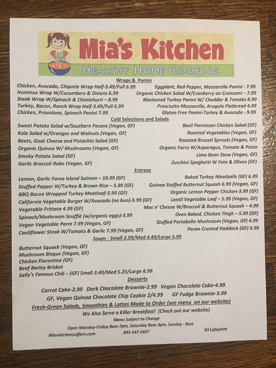 Mia's Kitchen gluten-free menu