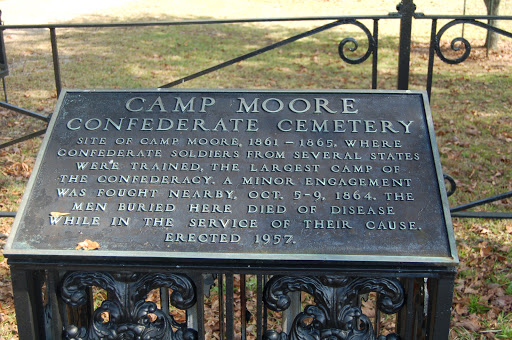 Site of Camp Moore, 1861-1865, where Confederate soldiers from several states were trained, the largest camp of the Confederacy. A minor engagement was fought nearby, Oct 5-9, 1864. The men buried...