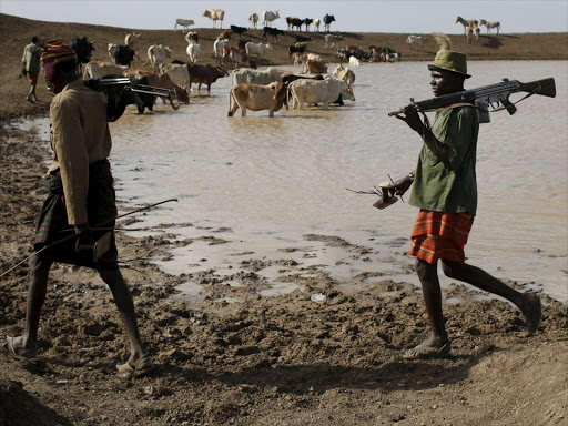 Turkana men carry rifles as they herd cows near Baragoi /REUTERS