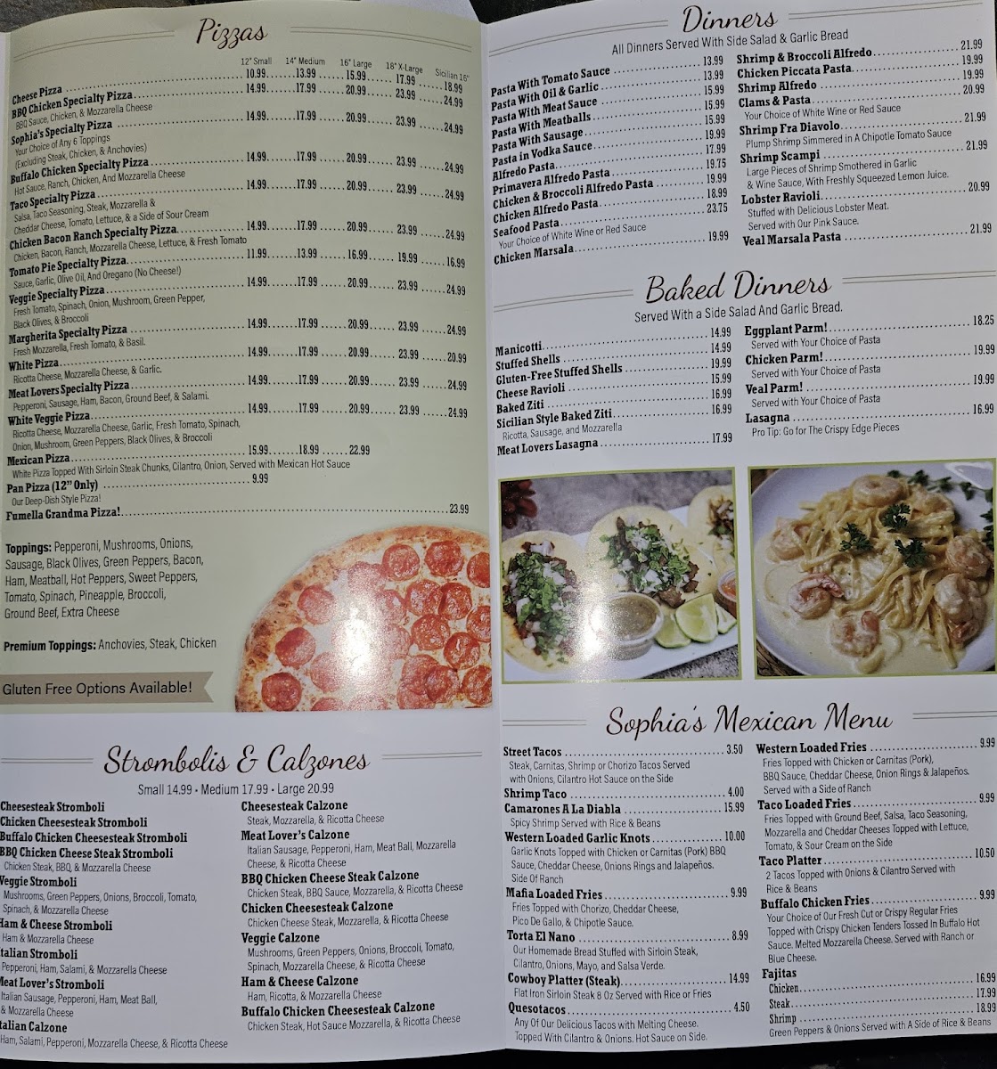 Sophia's Italian Restaurant & Pizzeria gluten-free menu
