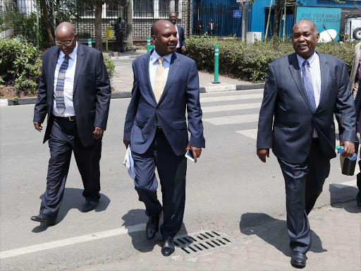 IEBC commissioners Abdullahi Sharawe, Thomas Letangule and Yusuf Nzibo on Parliament Road after appearing before the Joint National Assembly and Senate Committee on April 3 /HEZRON NJOROGE