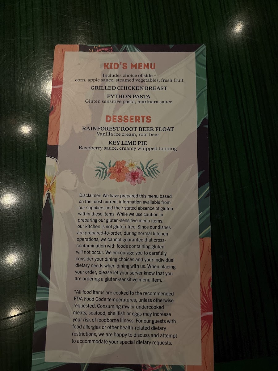 Rainforest Cafe gluten-free menu