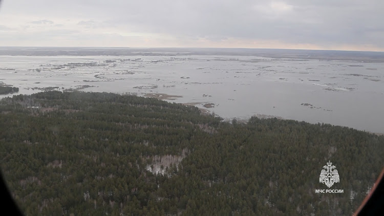 A view from a helicopter shows a flooded area in the Kurgan Region, Russia, in this still image taken from video released April 9, 2024.