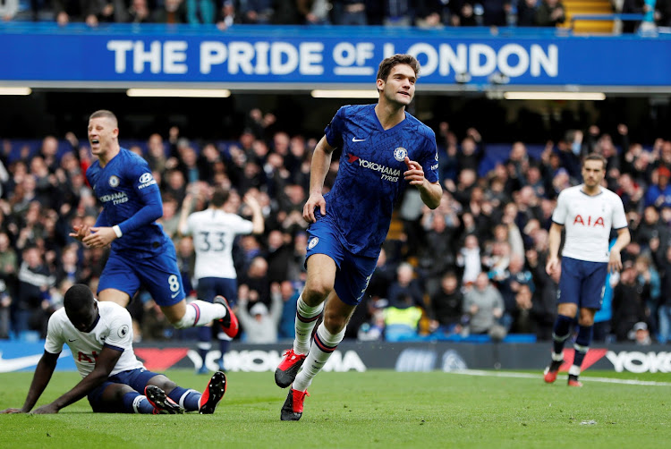 Jorginho celebrates after scoring during the London derby against Tottenham.