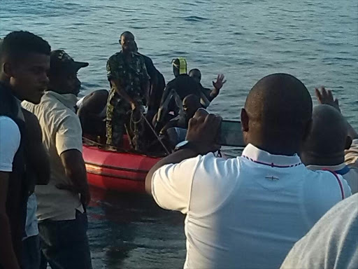 Divers from Kenya Ferry Services and Kenya Navy embark on a rescue mission following an accident where a vehicle plunged into the Indian Ocean on Monday June 6. Photo/ Mary Malemba