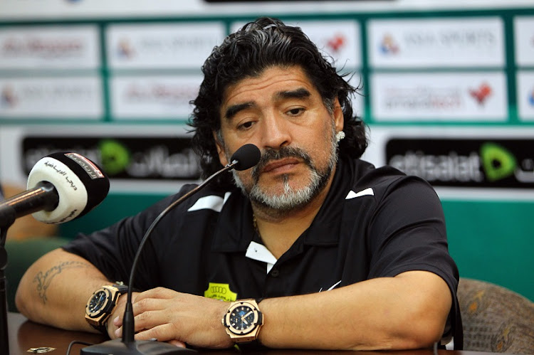 Diego Maradona in press conferance during the Pro Etisalat League match between Al Wasl and Dubai from Al Maktoum Stadium on January 05, 2012 in Dubai, United Arab Emirates.