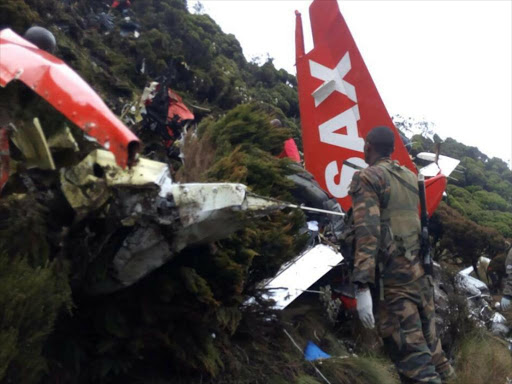 Recovery operations at the scene of the wreckage of the FlySax plane which crashed on Aberdare hills on Wednesday, June 6, 2018. /COURTESY
