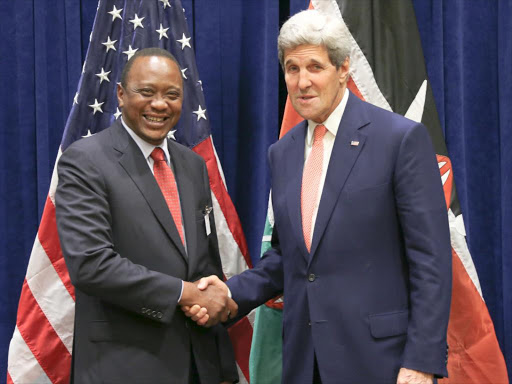 President Uhuru Kenyatta meets the US Secretary of State, John Kerry at the UN Headquarters in New York where they held bilateral talks in 2014.Photo\file
