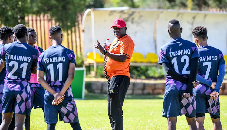 Dan Malesela (coach) Galaxy with his players in training during the TS Galaxy media open day at Panorama Sports Club on April 16, 2019 in Johannesburg, South Africa.