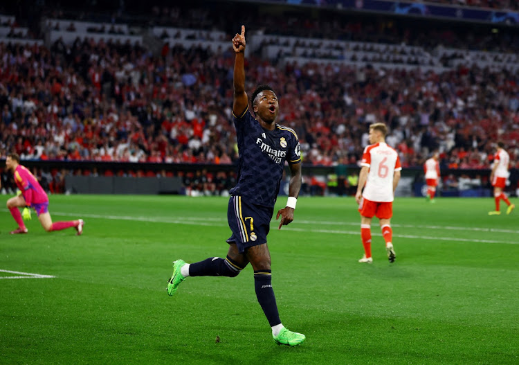 Vinicius Jr celebrates scoring Real Madrid's first goal in their Champions League semifinal first leg match against Bayern Munich at Allianz Arena in Munich on Tuesday night.