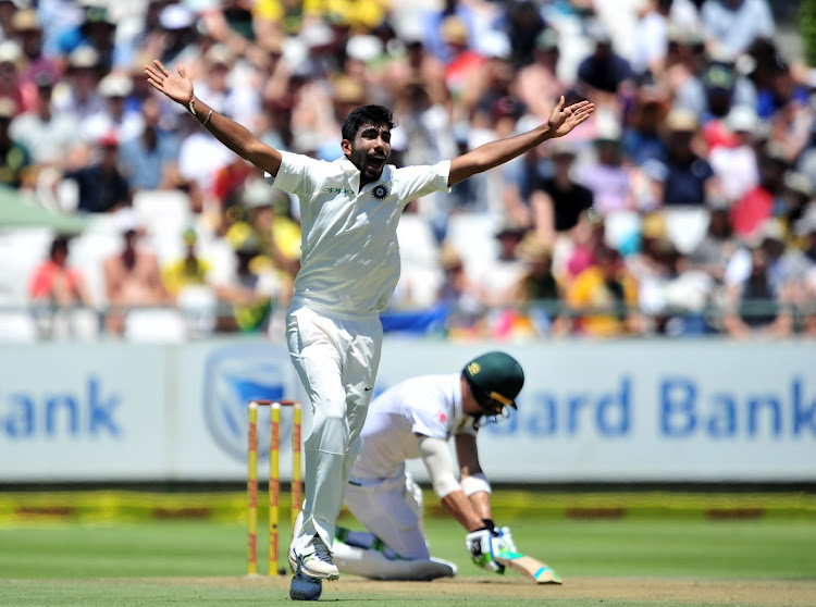 Jasprit Bumrah of India appeals unsuccessfully for the wicket of Faf du Plessis of South Africa during day 1 of the 2018 Sunfoil Test Match between South Africa and India at Newlands Cricket Ground, Cape Town on 5 January 2018.
