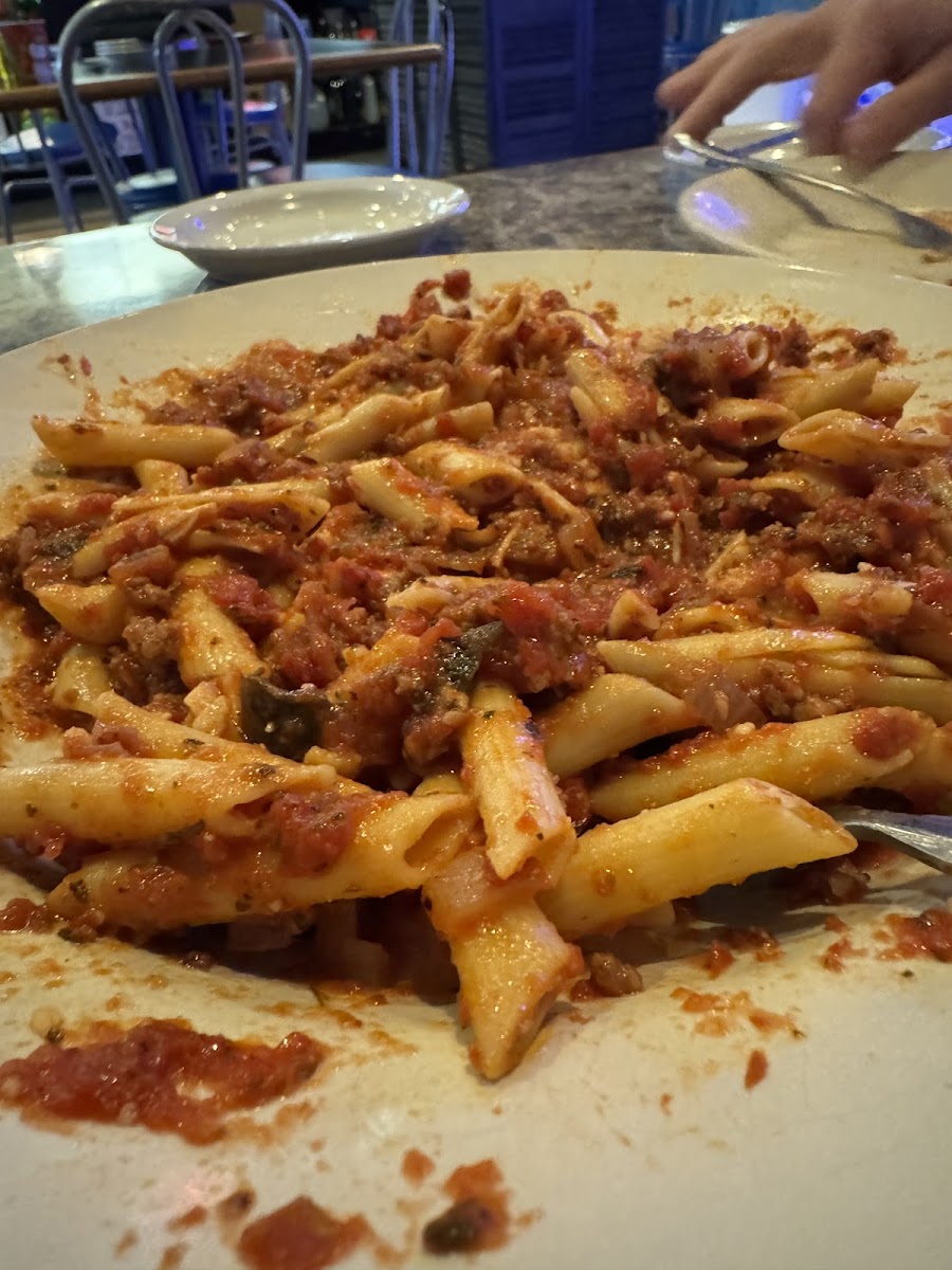 Chickpea pasta, meat sauce, and chicken
