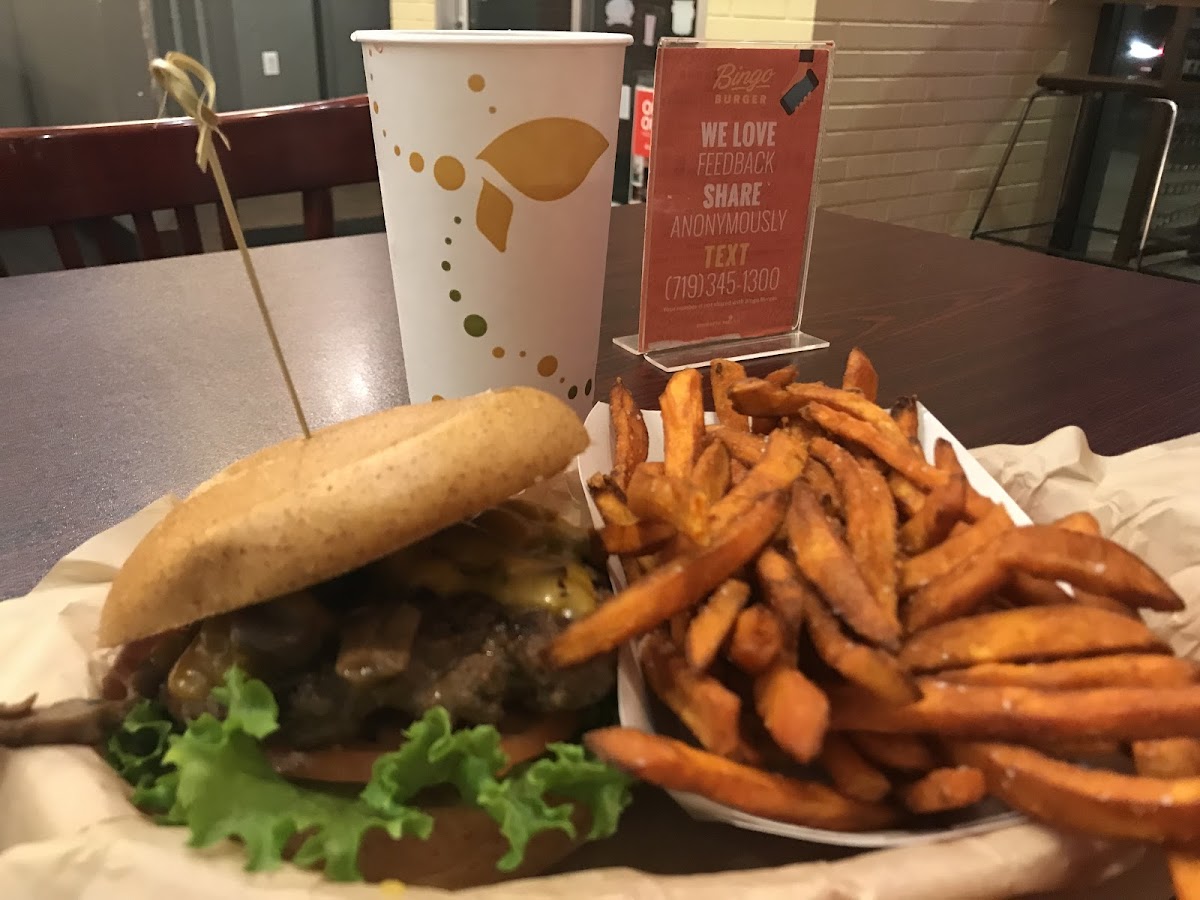 Basic beef burger with sweet potato fries. Skewer only on the GF burger. Bingo Burger.