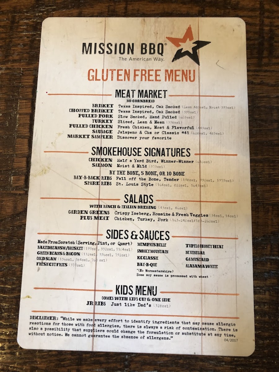 Mission BBQ gluten-free menu