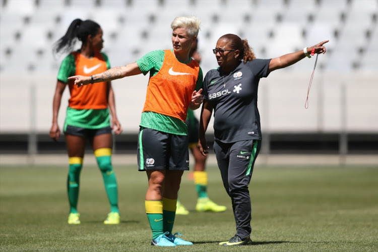 South African captain Janine Van Wyk and South African coach Desiree Ellis during the South African women's national soccer team training session at Cape Town Stadium on January 17, 2018 in Cape Town, South Africa.