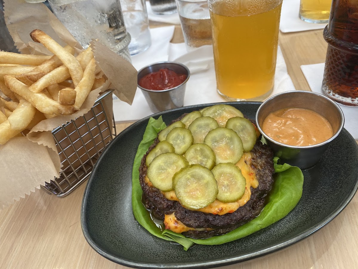 Pimento cheese burger with house made pickles