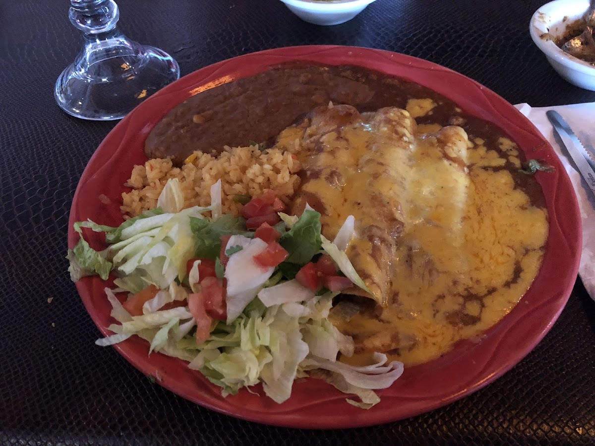 Tri enchiladas chicken, cheese, beef