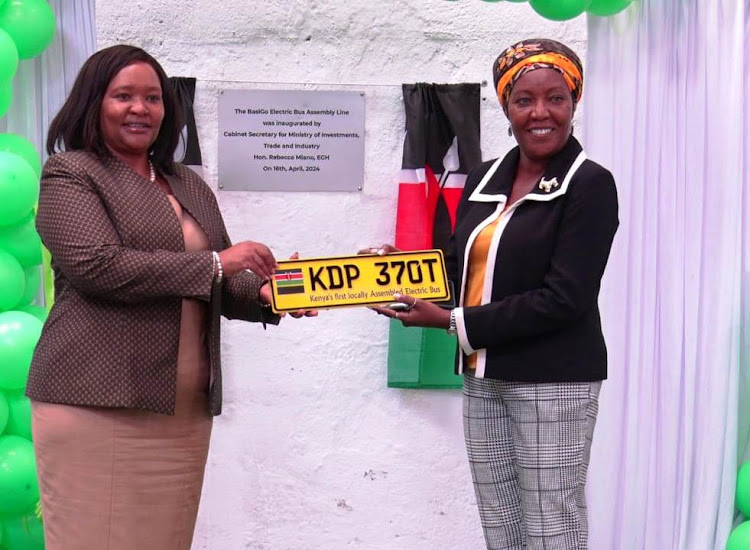 Trade and Industrialization Cabinet Secretary Rebecca Miano with Citti Hoppa CEO Judy Thuo during the launch of new electric buses in Thika town on April 16, 2024