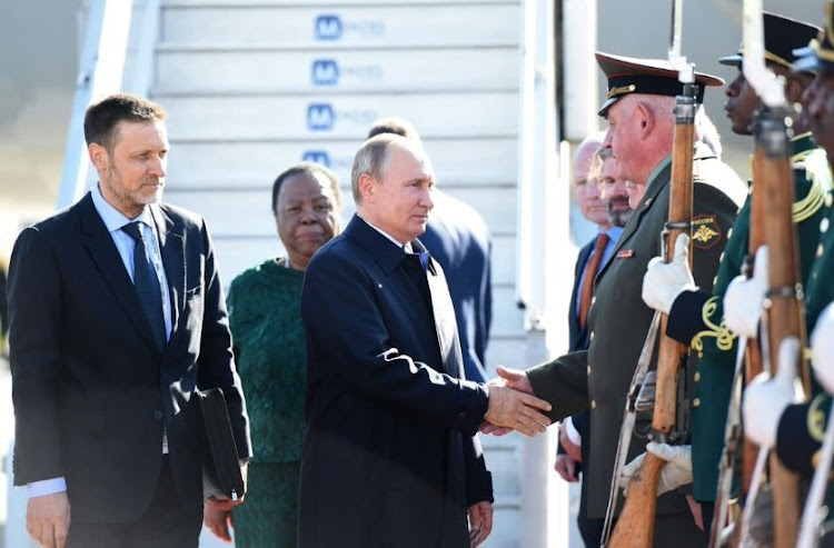 Russian president Vladimir Putin arriving just after 9am today at OR Tambo International Airport, received by minister Naledi Pandor, for the BRICS Summit.
