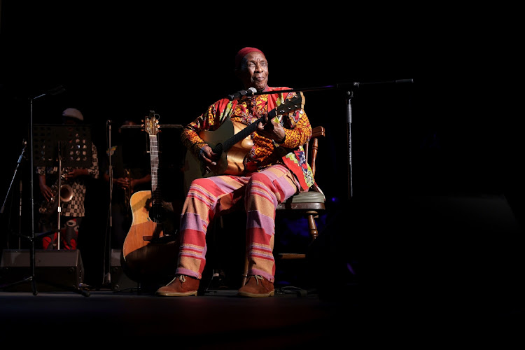 12 October 2023: Legendary jazz musician Dr Madala Kunene performs during his honorary concert at Playhouse in Durban, yesterday. Photo: SANDILE NDLOVU