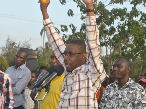 Malindi ODM Candidate Willy Mtengo waves to public during a past rally in Kijiwetang. Photo Alphonce Gari