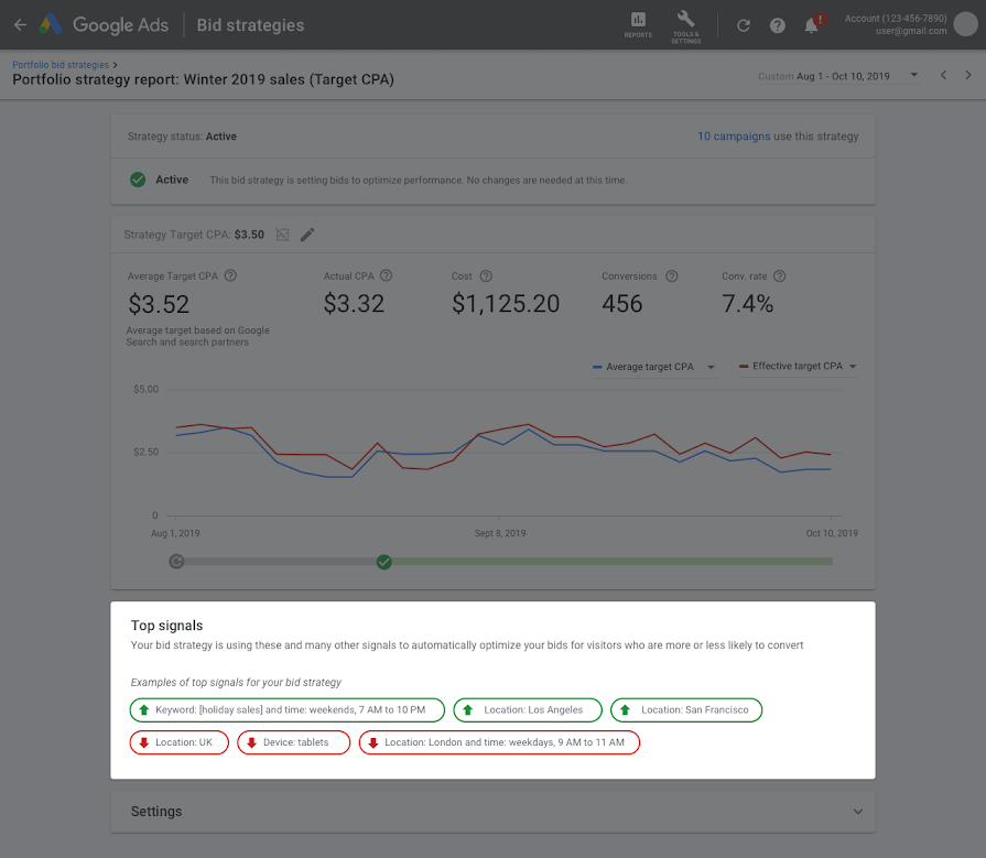 Top signals in the Google Ads UI