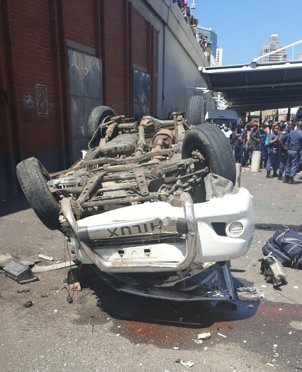 The bakkie that plunged off the N3 in Durban city centre on November 14 2020, crushing a taxi before bouncing off and landing on its roof.