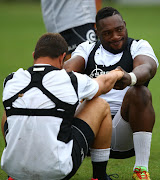 Franco Marais with Tendai Beast Mtawarira during the Cell C Sharks training session and press conference at Growthpoint Kings Park on March 08, 2016 in Durban, South Africa.