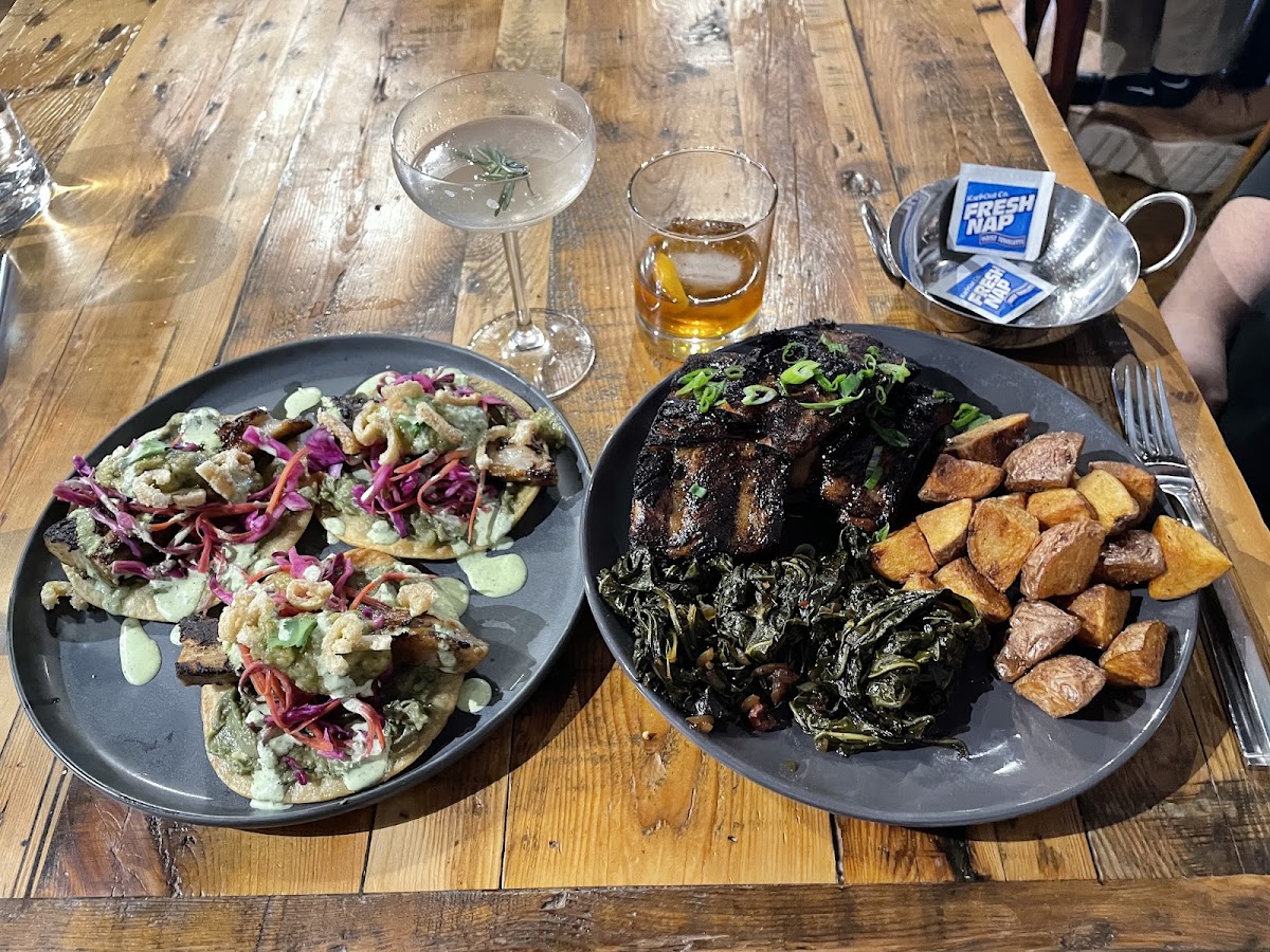 Pork Belly tostada and the Ribs with greens, both GF.