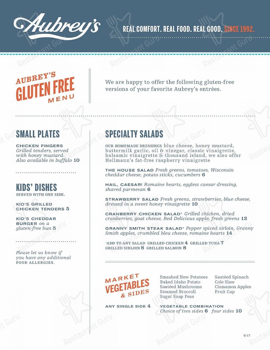Aubrey's gluten-free menu
