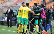 Bafana Bafana celebrating their victory against Burkina Faso during the FIFA 2018 World Cup, Qualifier match between South Africa and Burkina Faso at FNB Stadium on October 07, 2017 in Johannesburg, South Africa. 