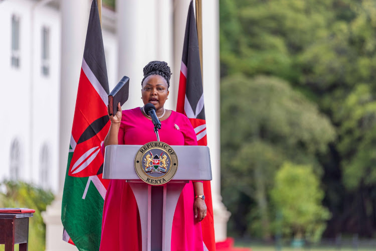 Interior Chief Administrative Secretary Millicent Omanga being sworn in at State House, Nairobi on March 23, 2023