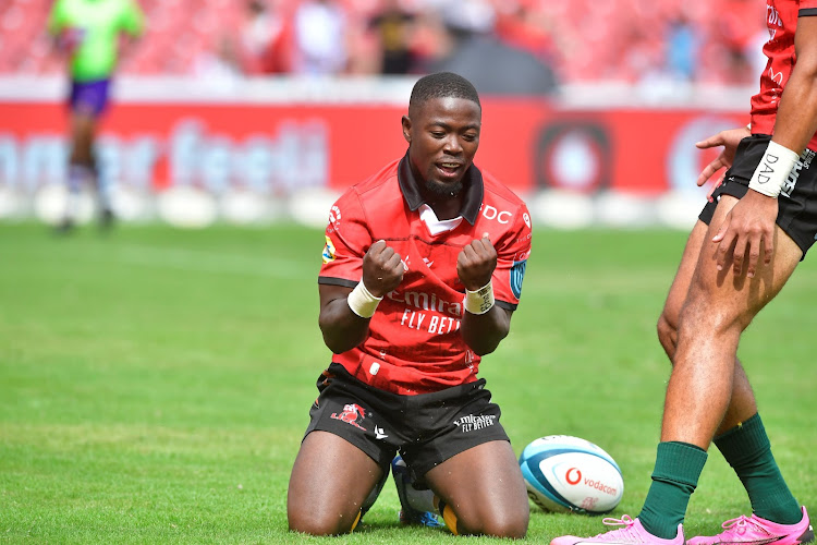 Sanele Nohamba celebrates scoring the Lions' first try against the Sharks last Saturday. The Lions are the fourth-highest try scorers in the URC.