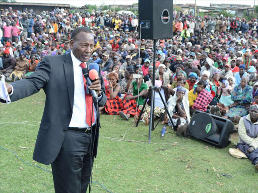 ORDERS ARRESTS: Interior CS Joseph Nkaissery addresses residents of Maella, Naiva- sha, on Tuesday when he toured the area plagued by violence for a month